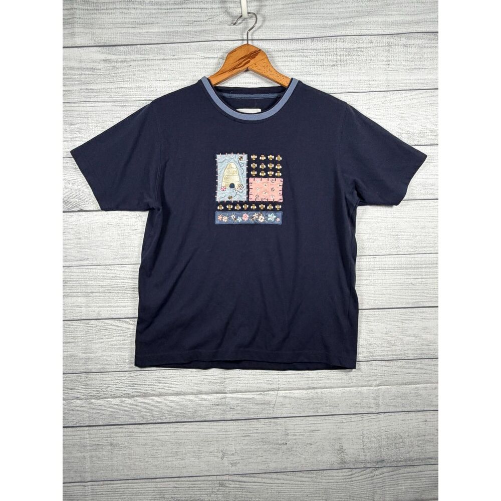 Vintage Christopher & Banks Medium Navy Bee Beehive Applique T-Shirt 4283